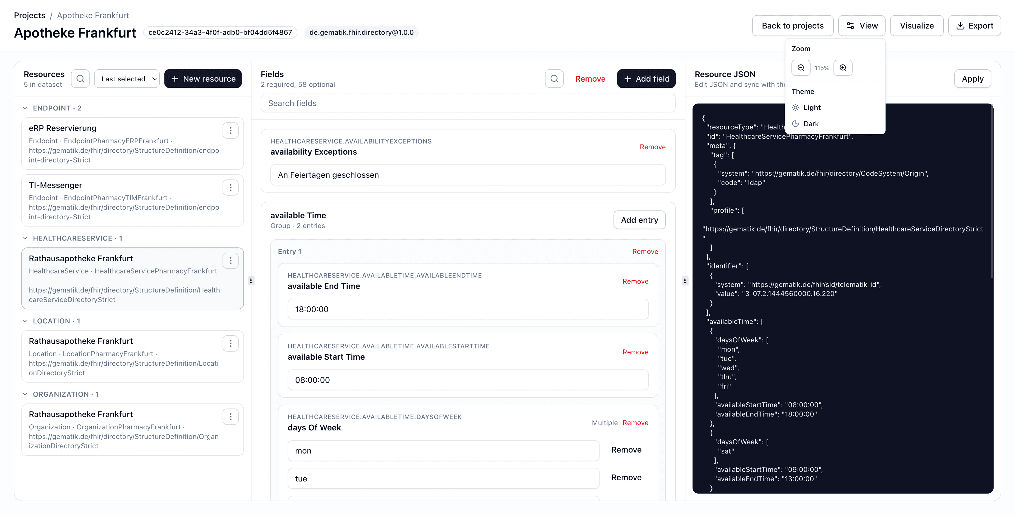 Editor mit geöffnetem View-Menü für Zoom und Theme.