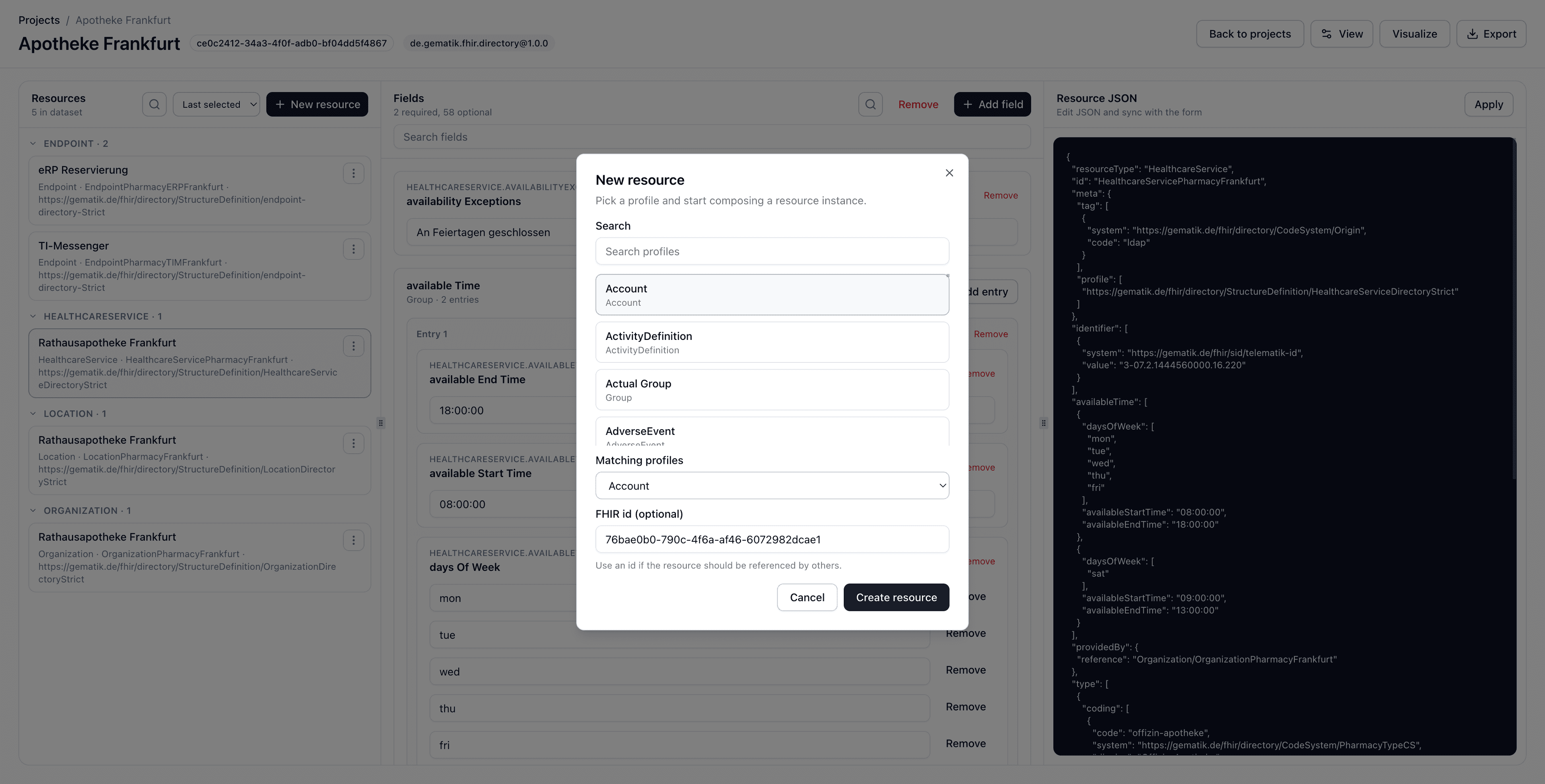 Dialog zum Anlegen einer neuen FHIR-Ressource mit Profilsuche.