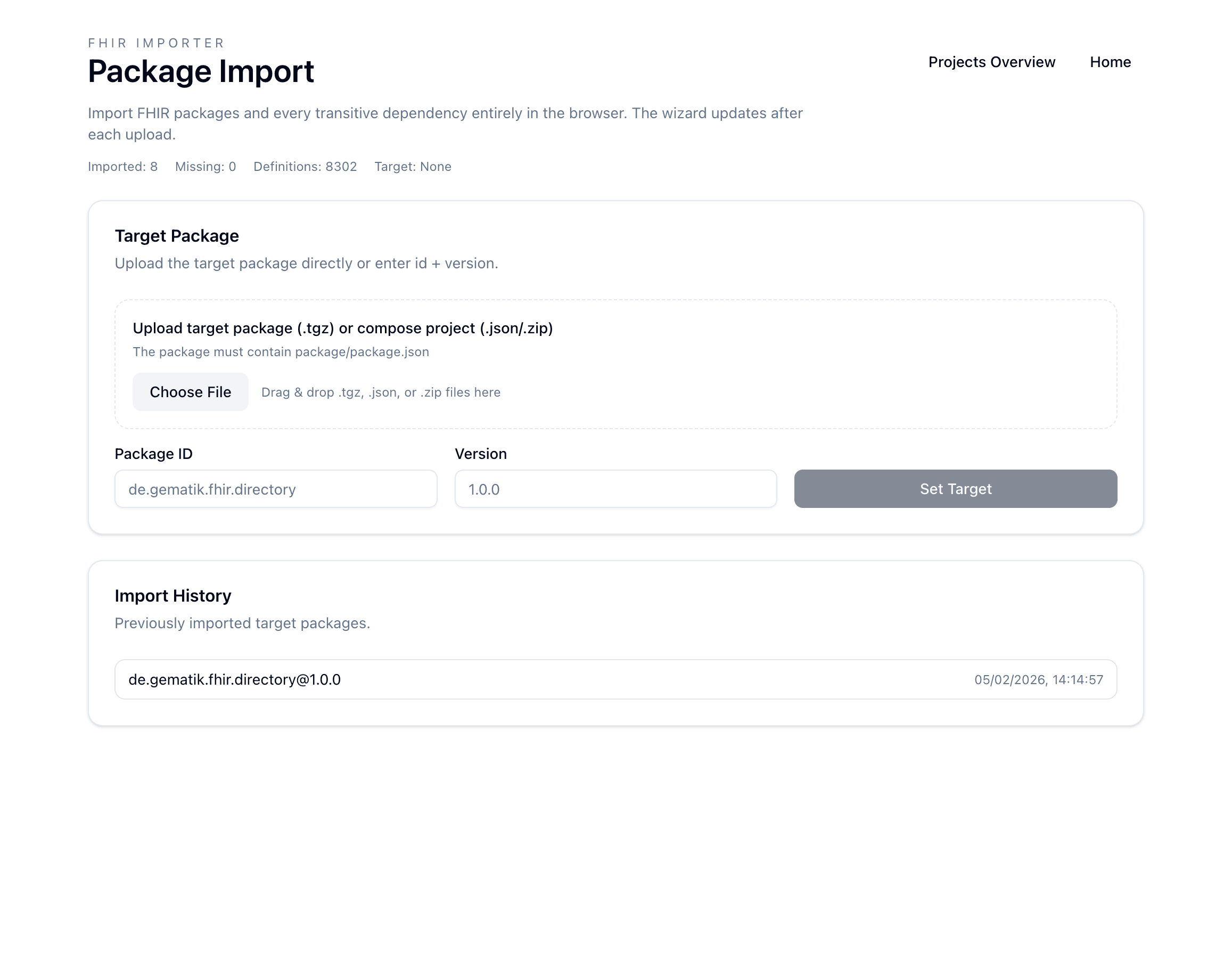 Package-Importer mit Upload-Bereich und Import-Historie.