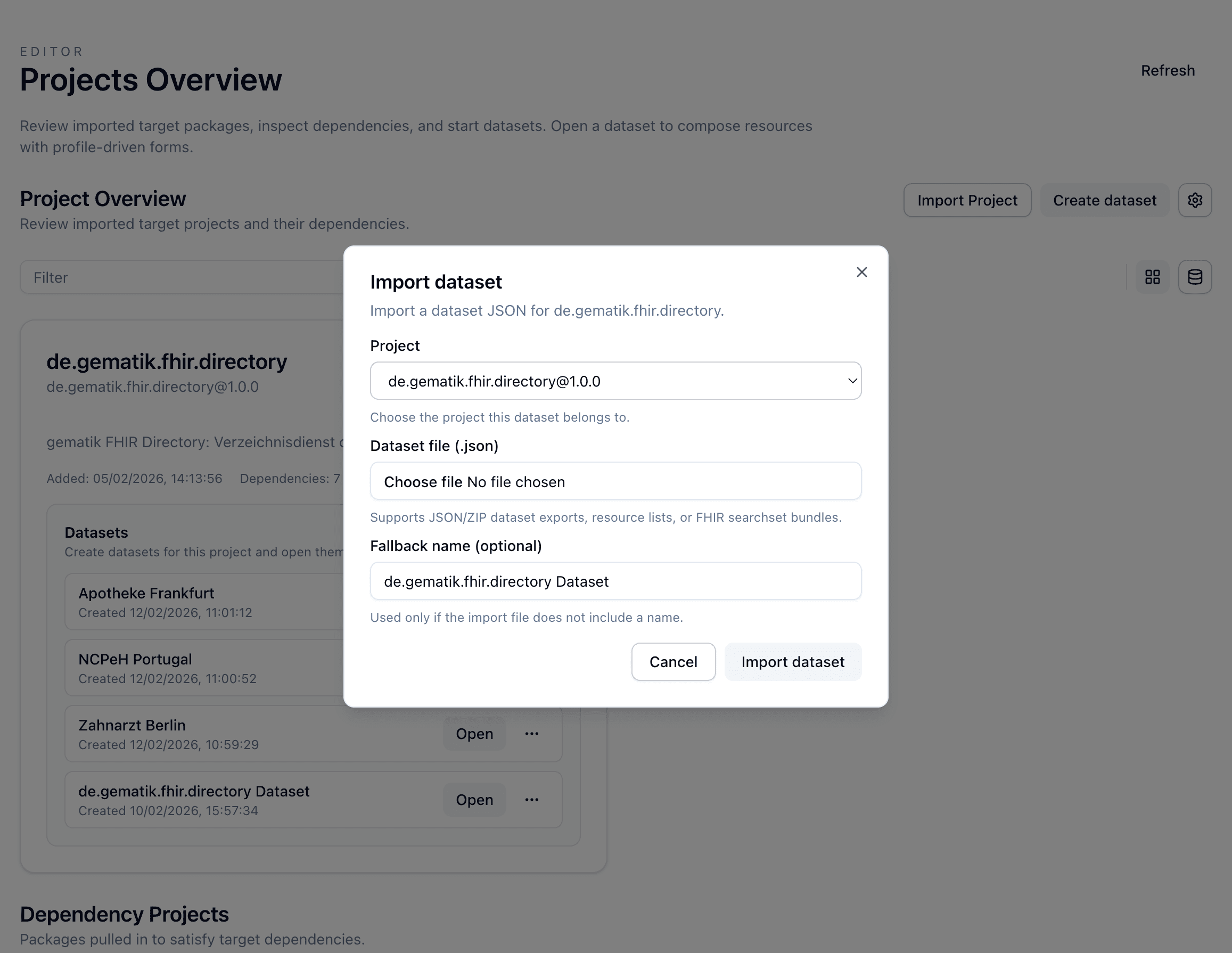 Dialog zum Dataset-Import mit Projektauswahl.