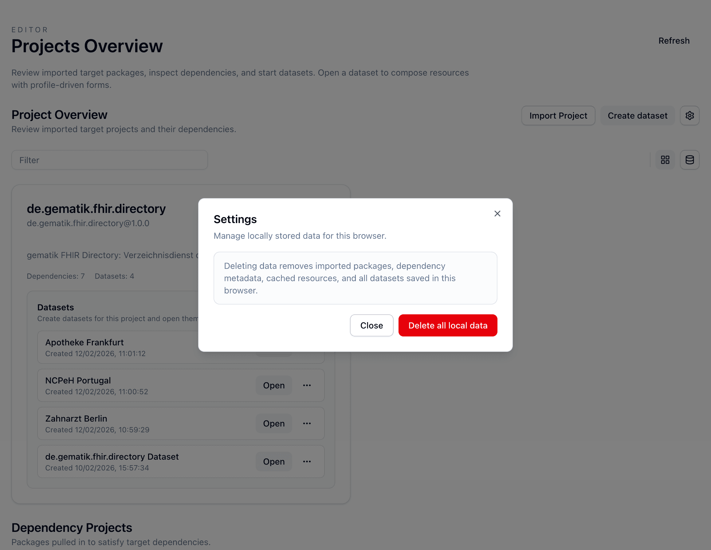 Settings-Dialog mit Aktion zum Löschen lokaler Daten.